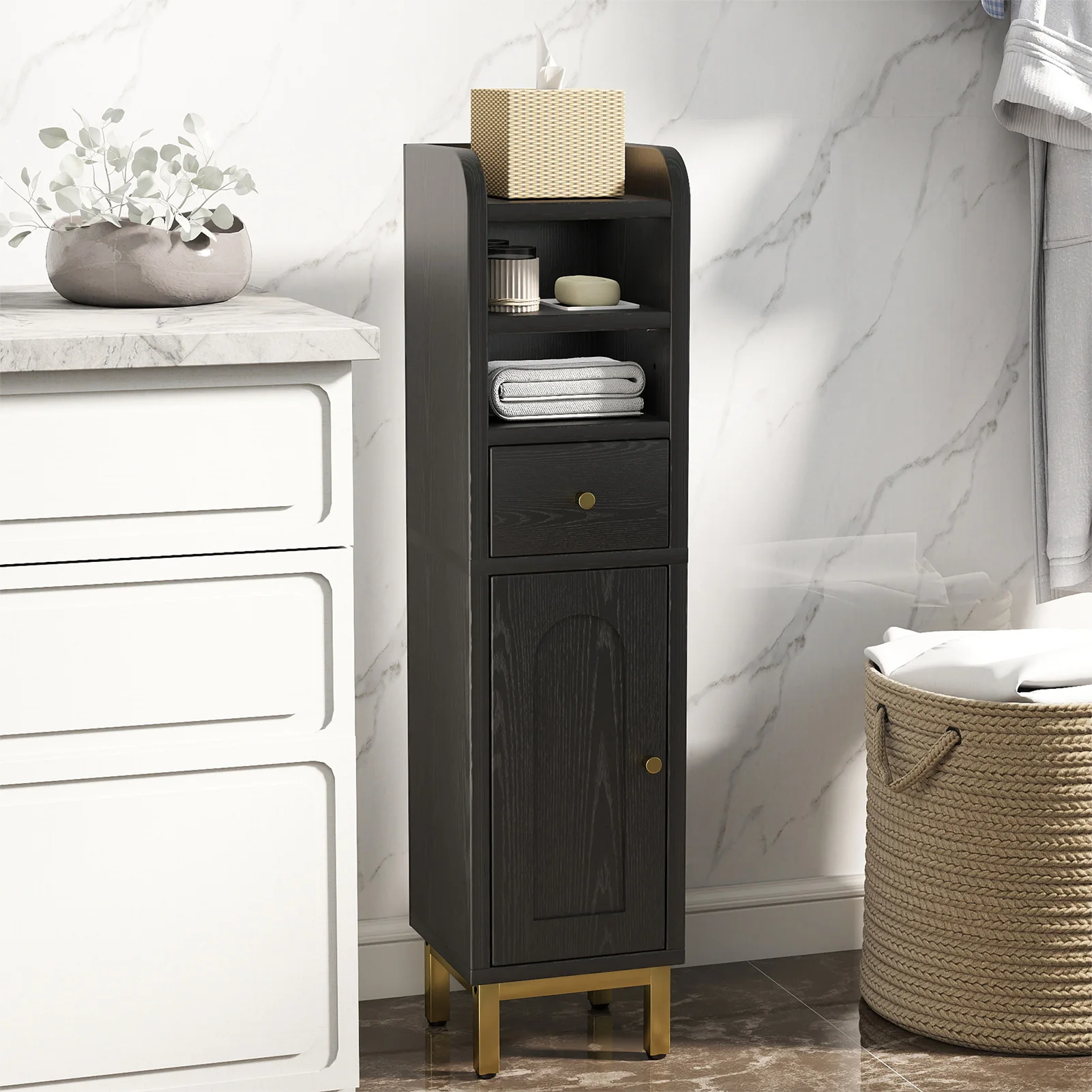 

Шкаф для хранения в ванной комнате Современный угловой напольный шкаф Маленькая подставка для хранения с выдвижным ящиком и дверной полкой Черный