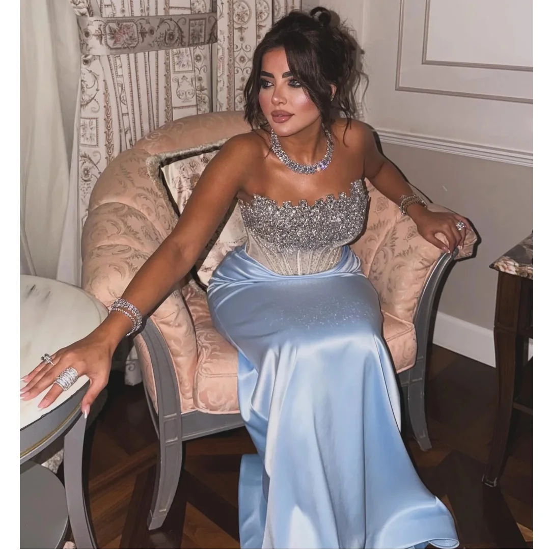 Sky Blue Satin Evening Dresses Lace Sequined Strapless Maxi Gown See Thru Corset Wedding Party Dress Customized Elegant Vestidos