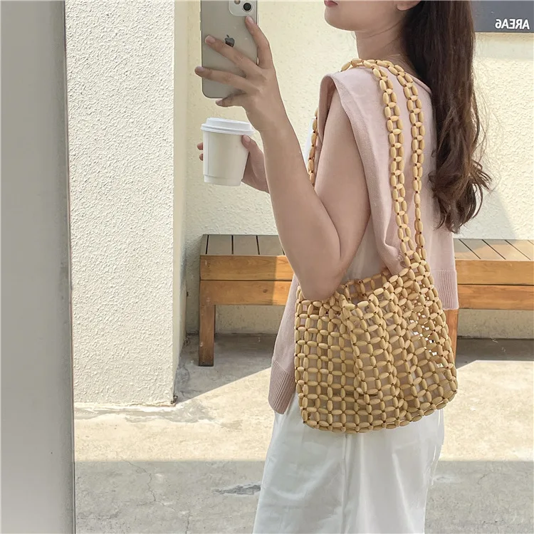 Summer Women\'s Bag New Casual Beaded Crossbody Bags Fashionable INS High Quality Weaving Hollow Out Wooden Bead Beach Handbag