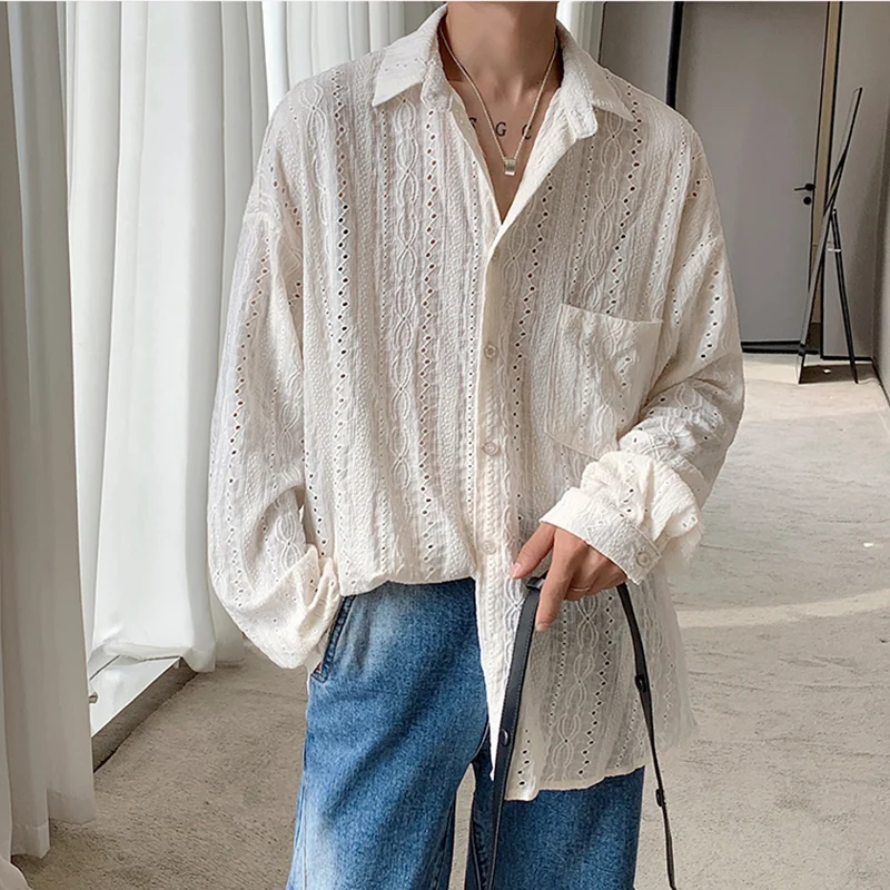 

2024 Men's Shirts Handsome Lapel Blouse Holiday Tops Hollow Out Sexy Fashion Clothing Male Mesh Blouses with Long Sleeves E134