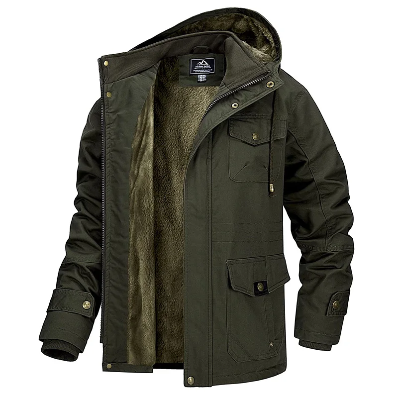 MAGCOMSEN Winter Jacket Men's Cotton Cargo Jacket Fleece Lined Thicken Work Coat Warm Parka Coat Detachable Hood Snow Ski Jacket