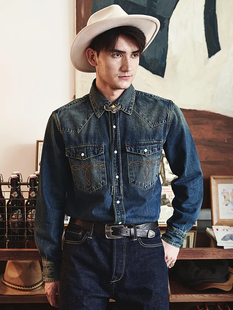 

Мужская джинсовая рубашка в стиле ретро-винтаж, длинный рукав, повседневная, из тонкого хлопка, осенняя, в западном ковбойском стиле