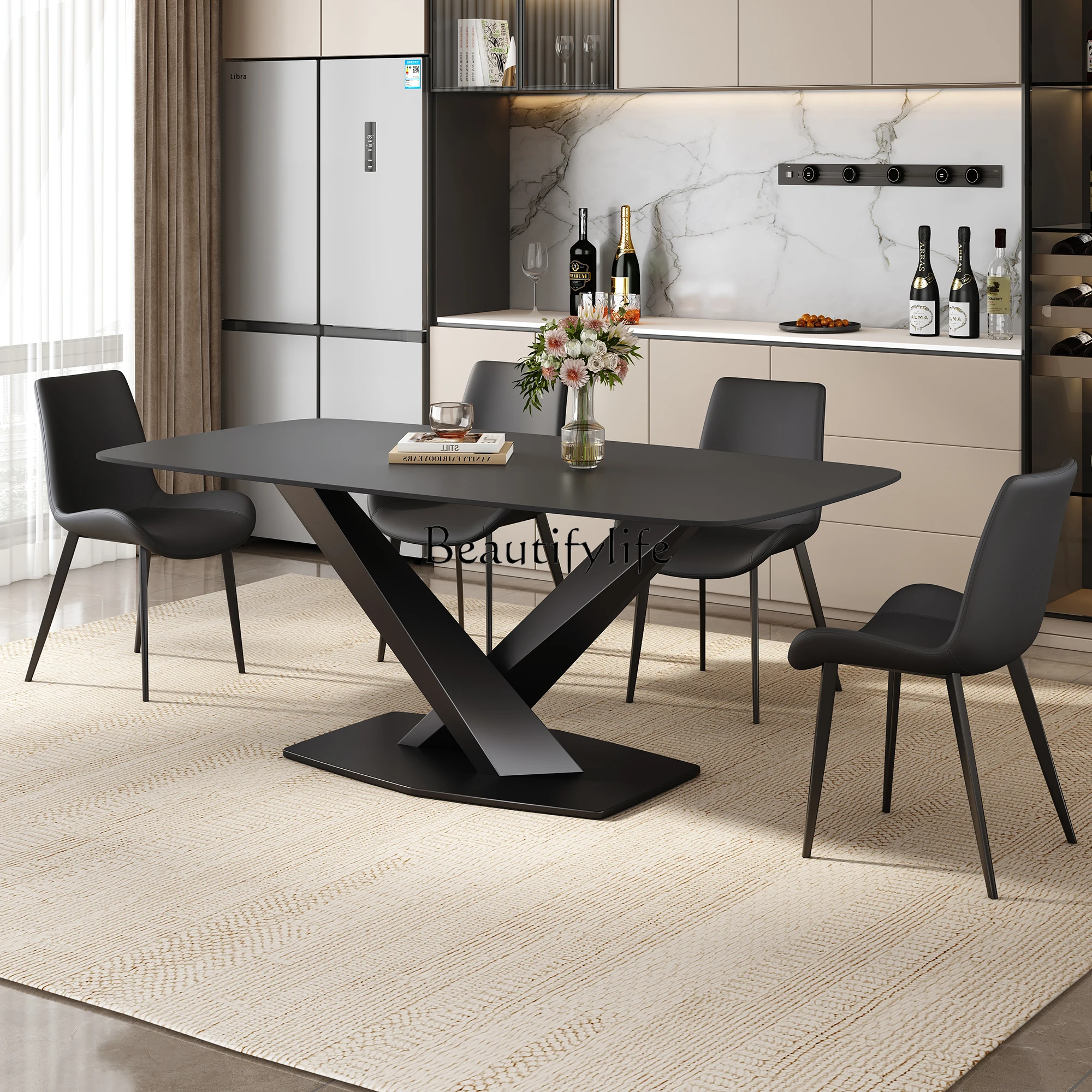 01Modern simple light luxury dining table and chair combination pure black rock slab simple and modern