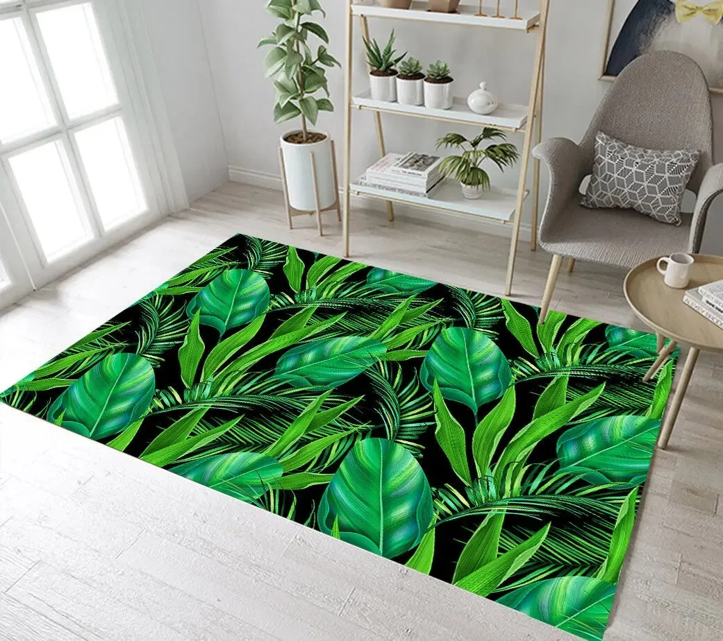 Hello Summer Tropical Leaf Area Rug Floor Mat Monstera Palm Leaves Letter Print Carpet for Living Room Balcony Home Decor