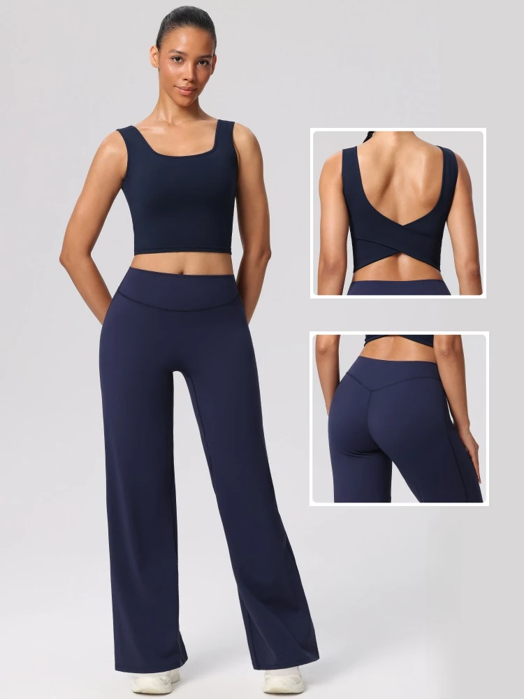 2pcs Yogasuit High-elastic Cross Back Fixed Pad Top Peach-butt Leggings Breathable Fitness Running Pilates Casual Sportswear