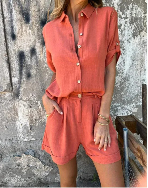 Elegant 2-Piece Sets For Women Womens Cardigan Shirt Top Summer Solid Color Casual Shorts Two Piece New In Matching Sets