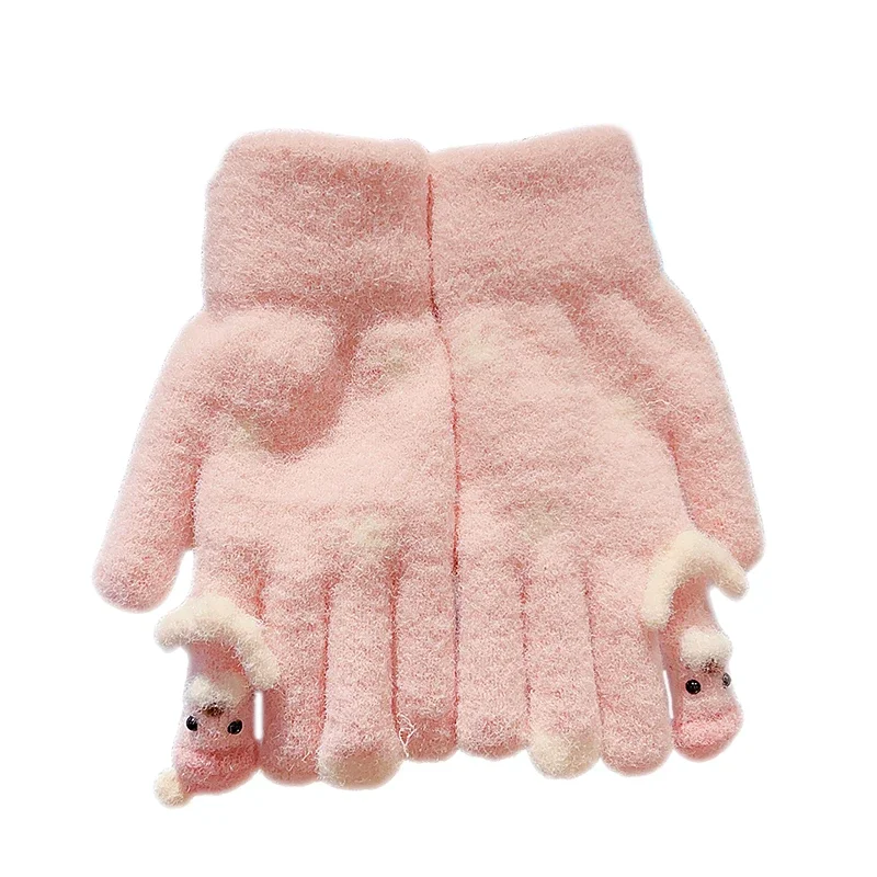 6-12Year Winter Warm Knitted Gloves Cute Deer Decor Full Finger Plush Gloves For Girls Snowflake Windproof Outdoor Ski Mittens