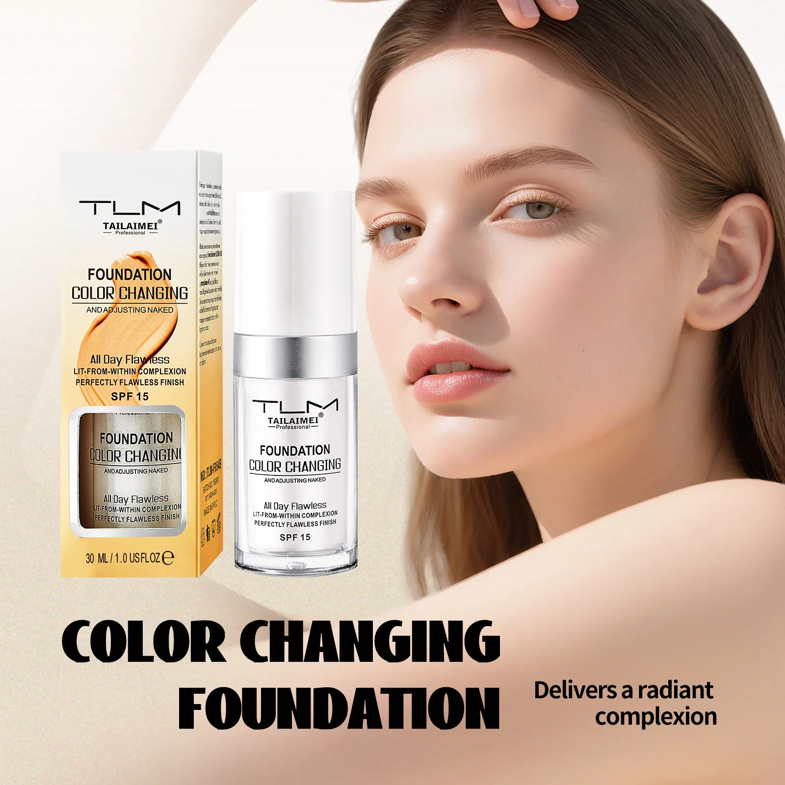 TLM Base líquida corretiva que muda de cor, à prova d'água, natural, ilumina o tom da pele, cosméticos faciais, maquiagem para mulheres e homens, 30ml