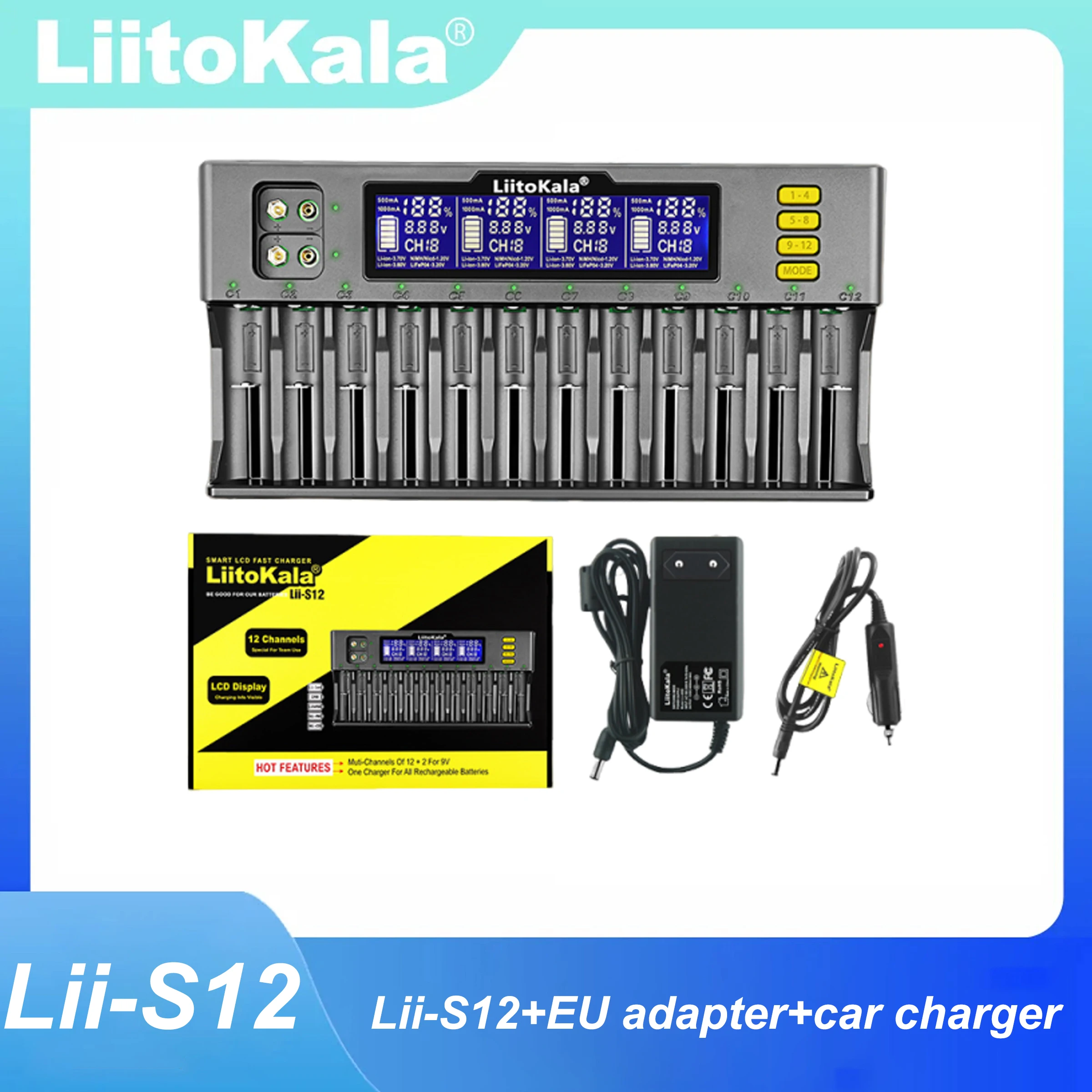 

iitoKala Lii-S8 Lii-S12 Universal Battery Charger for 18650 3.7V Li-ion NiMH 1.2V 9V Li-FePO4 3.2V IMR 3.8V 26650 21700 26700