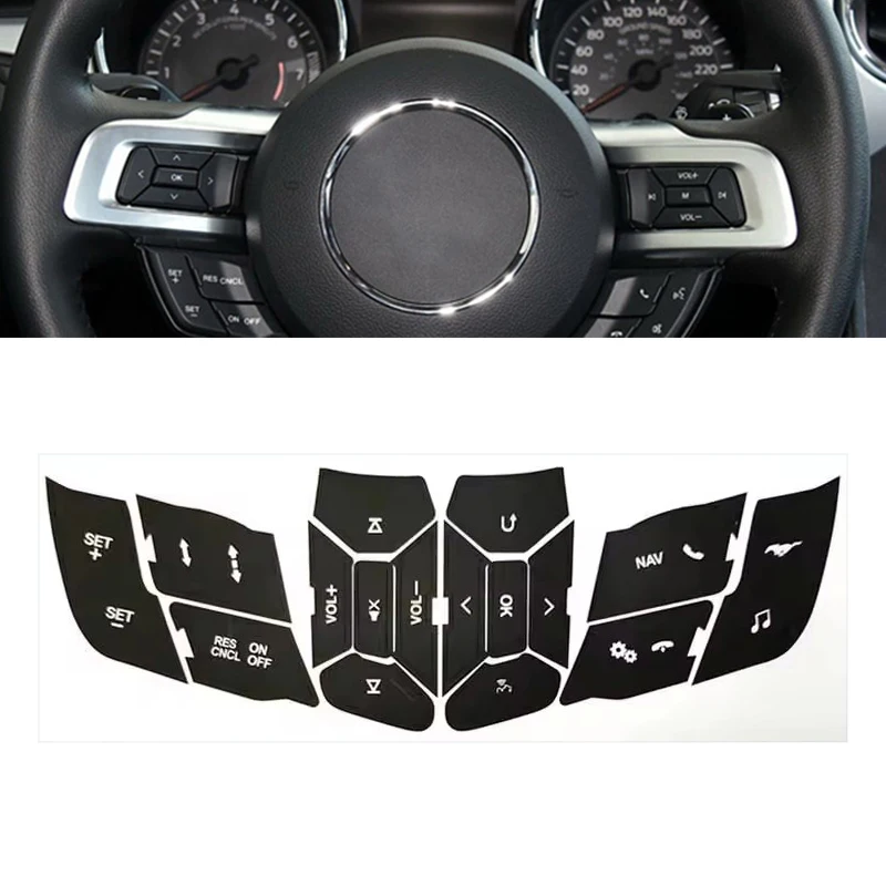 1Pc Car Steering Wheel Control Button Repair Sticker Black Vinyl Button Repair Decal for Ford Mustang 2015-2018/2019-2022