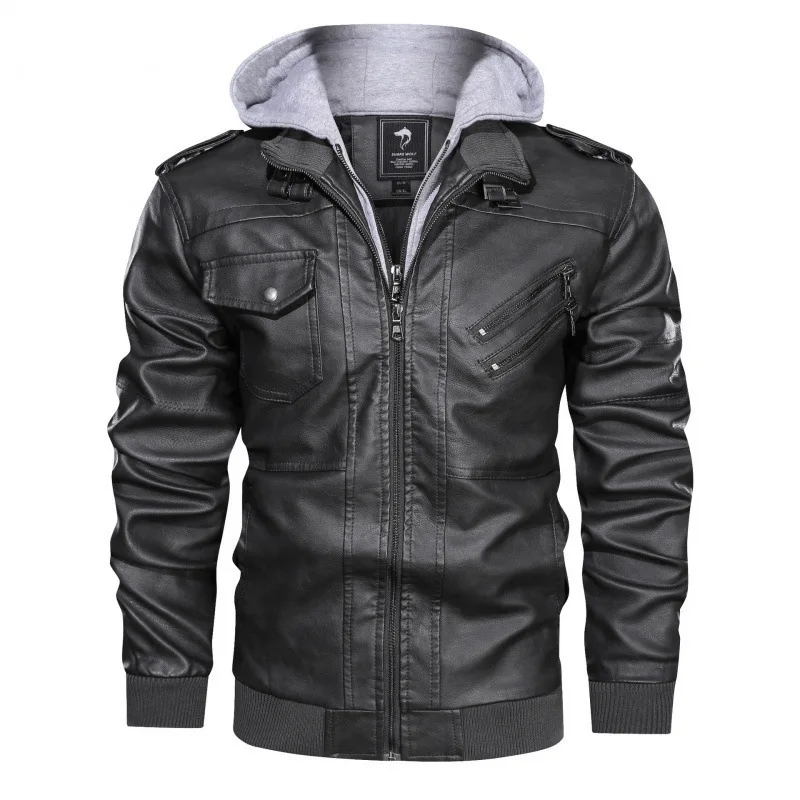 Autumn And Winter Detachable Hooded PU Jacket, Oversized Men's Motorcycle Leather Jacket