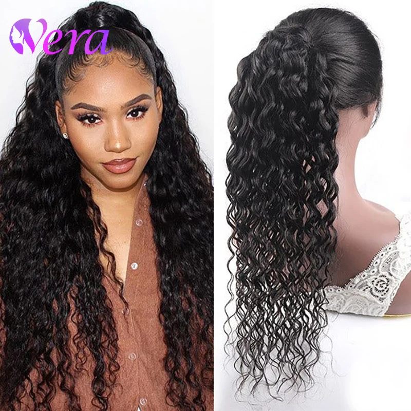 Water Wave Human Hair Wrap Around Clip In Ponytail Hair Extension Deep Wave Ponytail Natural Color Hair Virgin Hair Extensions