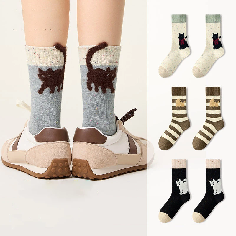 5 Pairs Cute Cat Pattern Cotton Socks for Women Spring Autumn Versatile Cute Socks