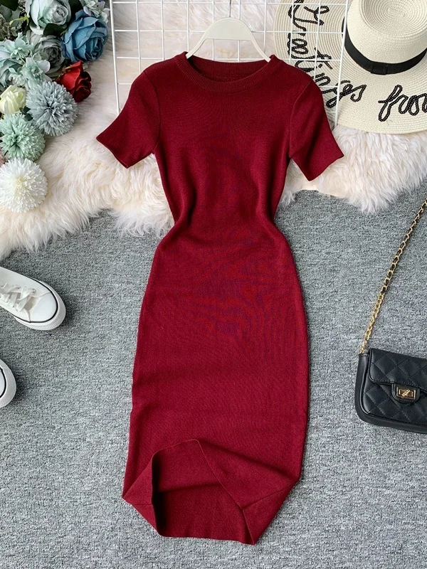 ort Sve  Color Knitted Slim Fit Midi Dr round Ne Elastic Waist One Step Skirt Dr Korean Sle Commute Dr