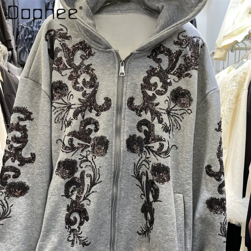 Street Heavy Sequin Borduren Kralen Sweatshirt Met Capuchon Dames American Hot Girl Trendy Oversized Sweatshirt Veelzijdige Casual Top