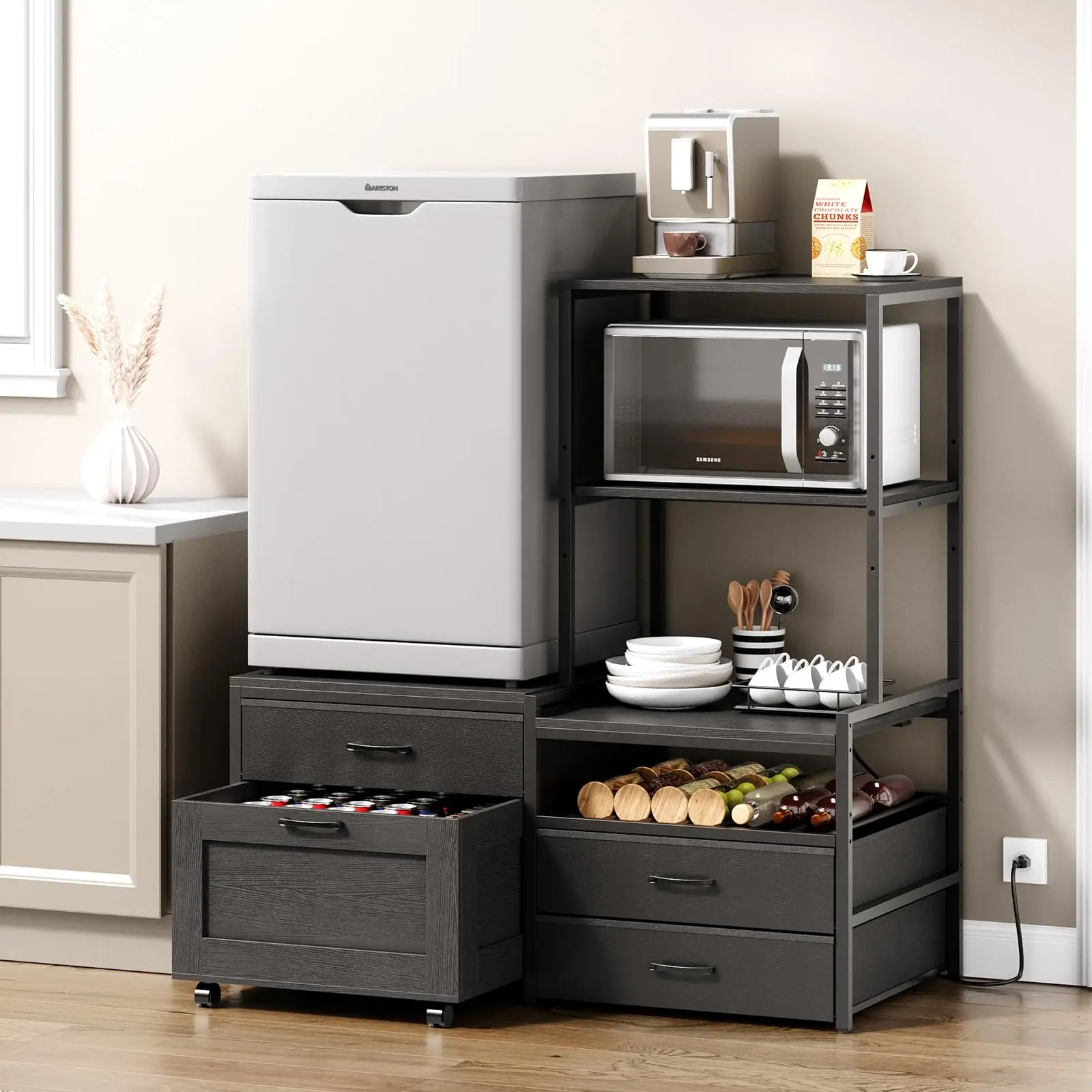 Mini Fridge Stand with Wine Rack & Outlet, Kitchen Bakers Rack | Microwave Oven Stand, Coffee Bar, Movable Drawers, for