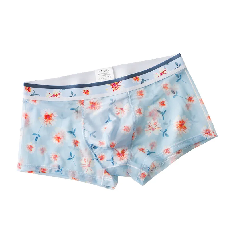 Nova malha masculina ultra-fina transparente roupa interior sexy respirável boxers verão impresso boxer shorts masculino