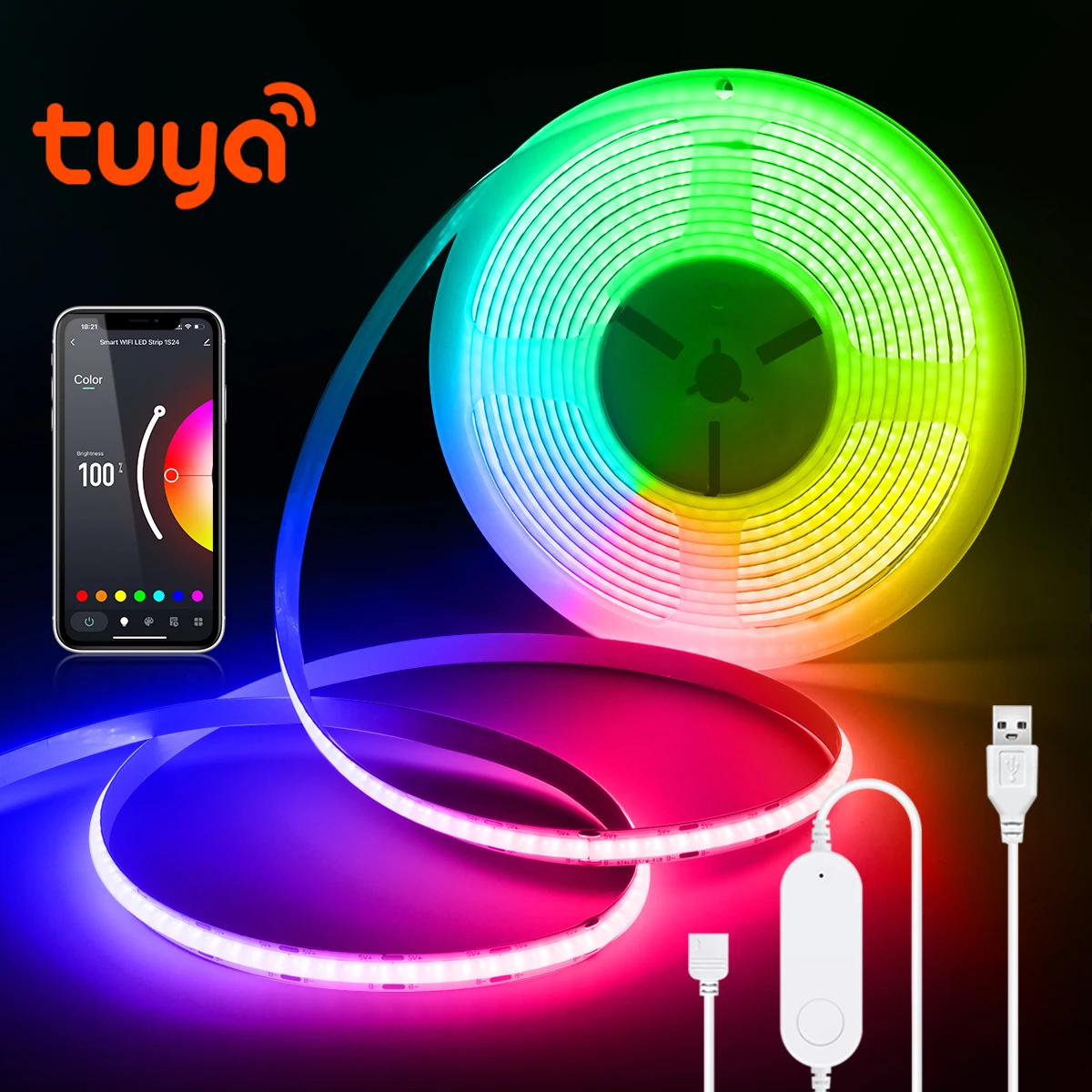 Tuya Smart WiFi RGB COB LED Strip Light USB 5V 576LEDs/M Remote Dimmable LED Tape Ribbon TV BackLight Kitchen Room Decoration