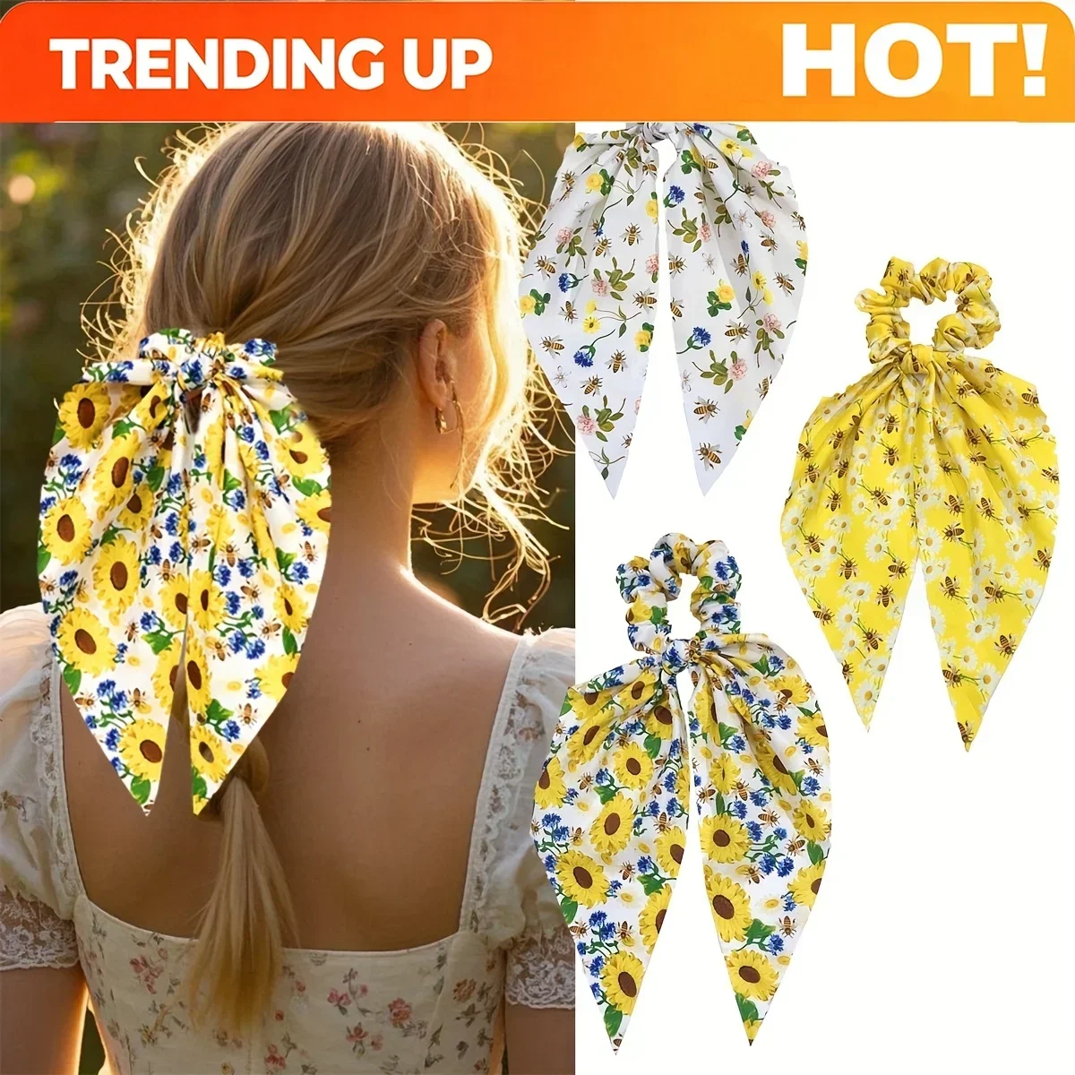 Customization 3pcs Set Of Elegant And Sweet Fabric Hair Ties Featuring Sunflowers, Bees, And Daisies, Perfect For Ponytail Hairs