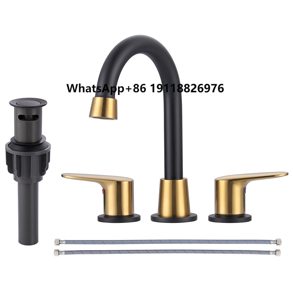 

Fancy Bathroom Faucets for Sink 3 Hole, Black and Gold 8 Inch Widespread Bathroom Faucet with Drain,2 Handle Basin Sink Faucets