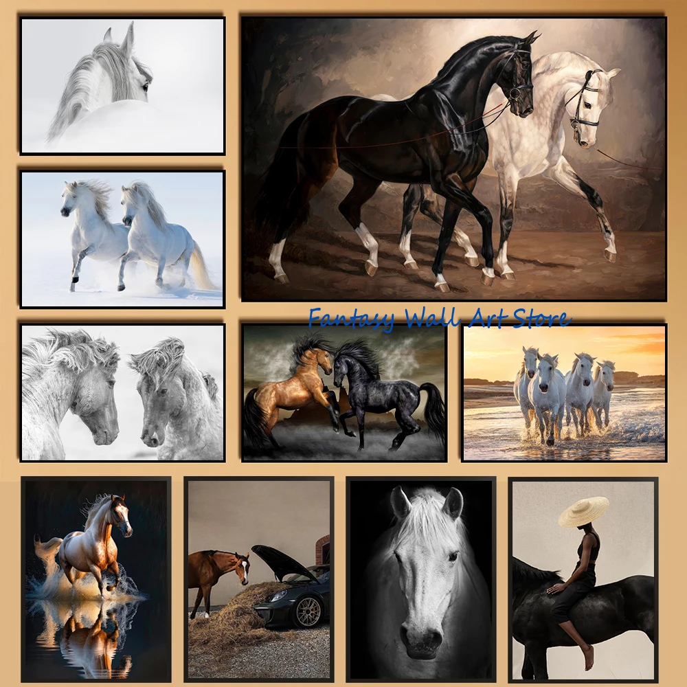 Minimalist Equine White Horse Elegant Animal Poster Black Brown Horses Photograph Art Decor Canvas Prints Home Living Room Decor