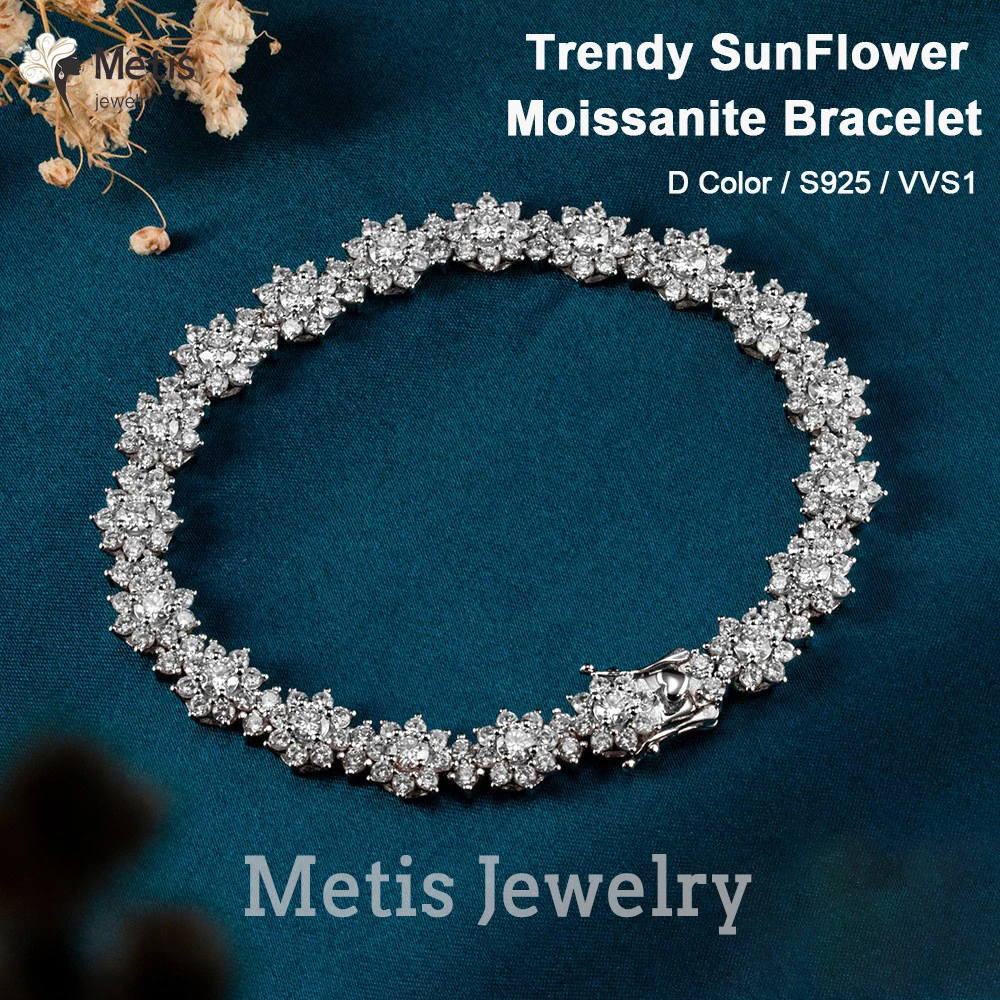

D Color Trendy Flower Moissanite Bangle Bracelet 925 Sterling Silver Wedding Bracelets for Women Bridal Promise Party Jewelry