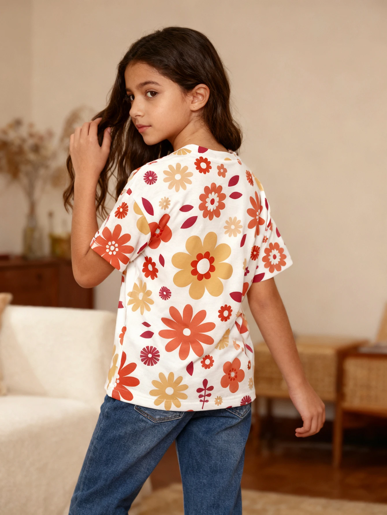 2026 Girls' Vintage Flower Print Short Sleeve T-Shirt Orange and Yellow Floral Loose Medium and Large Kids Casual Top