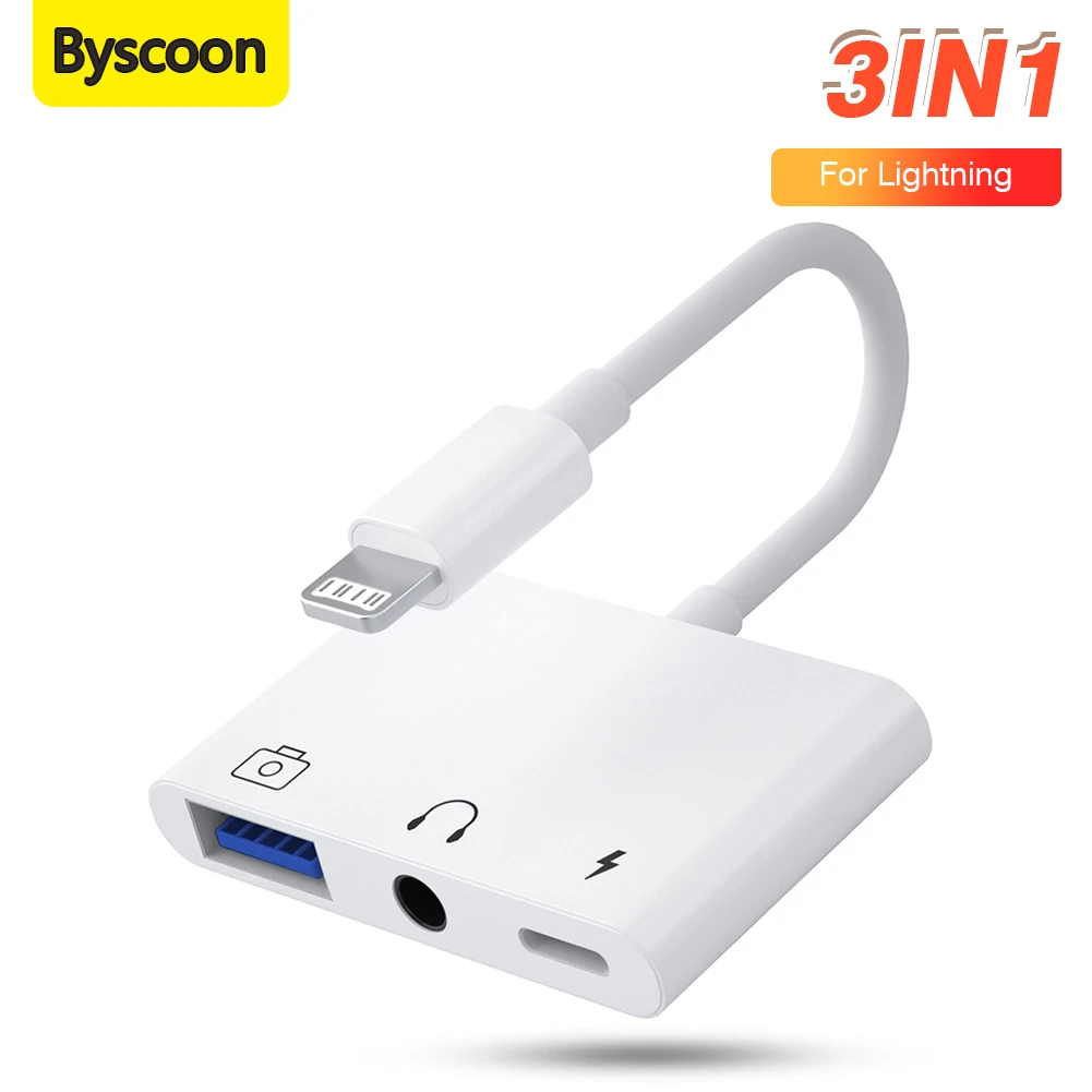 Byscoon 3 في 1 Lightning إلى USB 3.0/Charge/3.5mm Jack لهاتف iPhone 14 13 12 11 Pro XS Max XR X iPad Converter لمحول iOS OTG