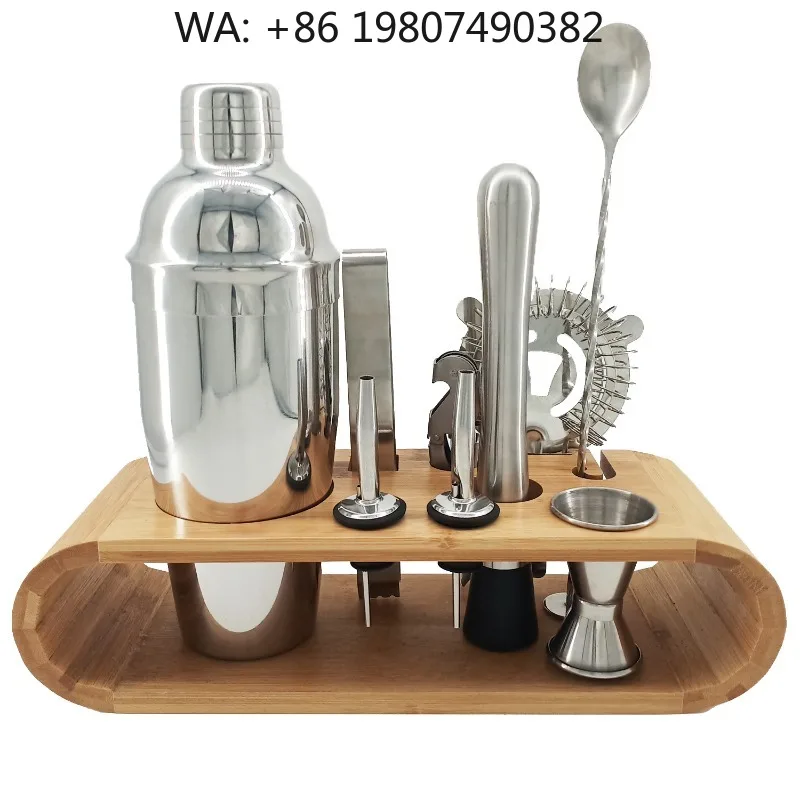 Luxury Bamboo Stand Bartender Kit, 10Pcs 750ml Stainless Steel Boston Cocktail Shaker Full Mixology Supplies For Wedding Gift