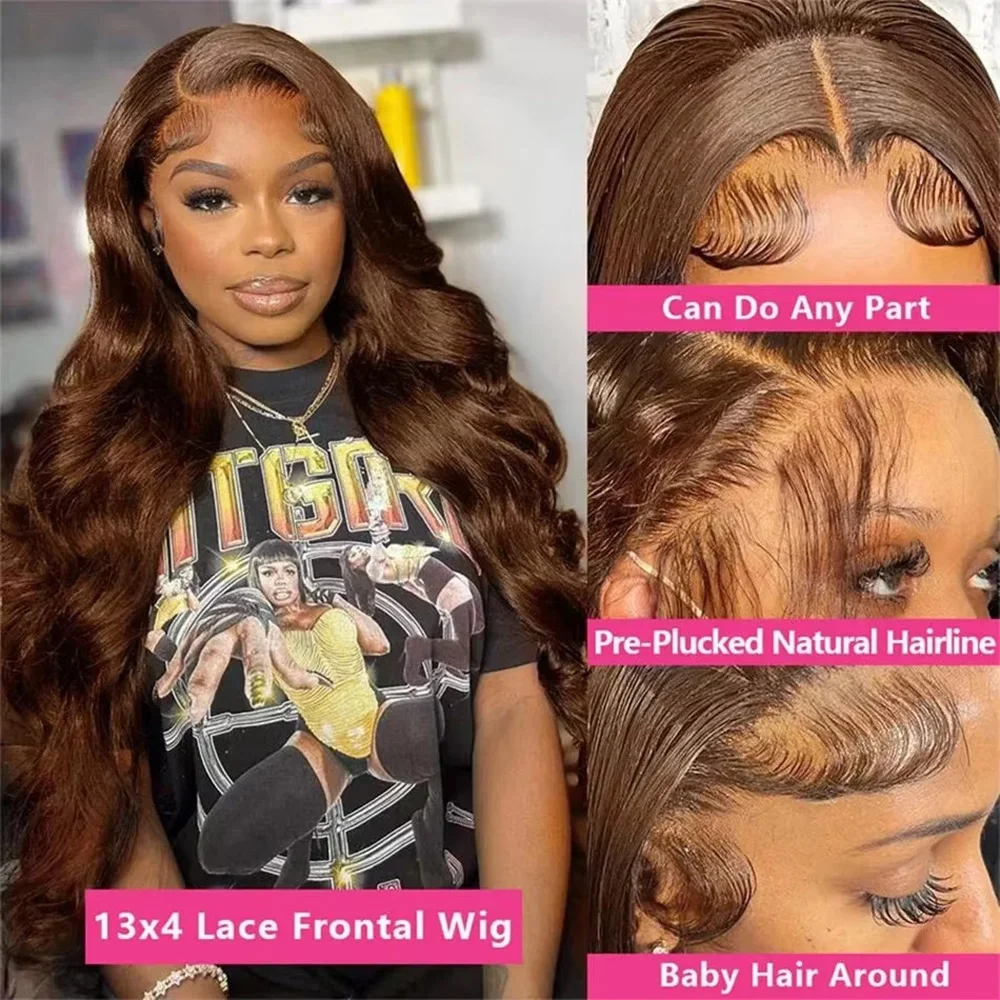 #4 Chocolate Brown Body Wave Lace Frontal Human Hair Wig #4 Colored Lace Frontal Human Hair Wigs 46 Inches For Black Women