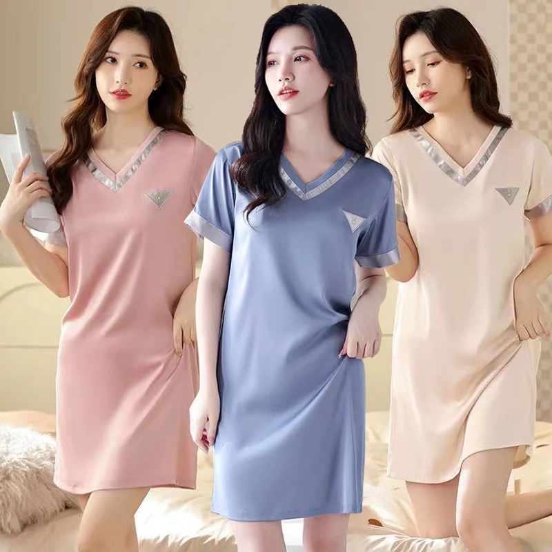 2024 Summer Short Sleeve Sexy V-neck Silk Satin Nightgowns for Women Korean Cute Sleepwear Nightdress Night Dress Home Nighty