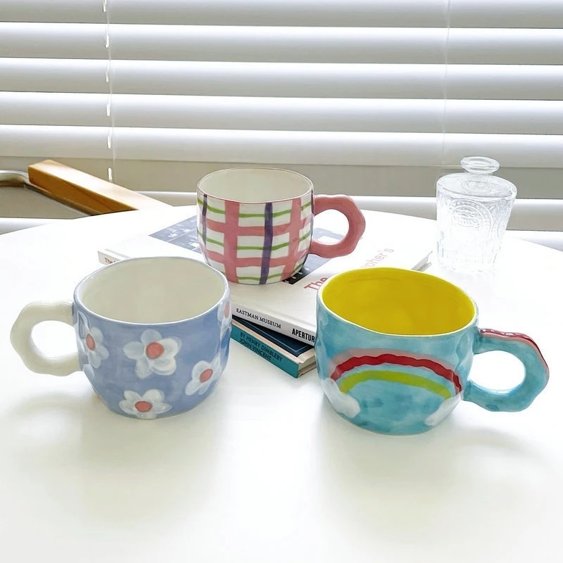 Ceramic Mug Espresso Coffee Cup Hand Drawing Underglaze Color Small Flower Rainbow Grid Ceramic Mug Breakfast Milk Tea Cups