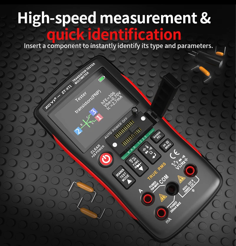 ZOYI ZT-XT1 2-in-1 Hochpräzisions-True-RMS-Multimeter & Transistortester, Spannungs-, Widerstands-, Dioden-, Kapazitäts- und Durchgangsprüfung – Detail 5