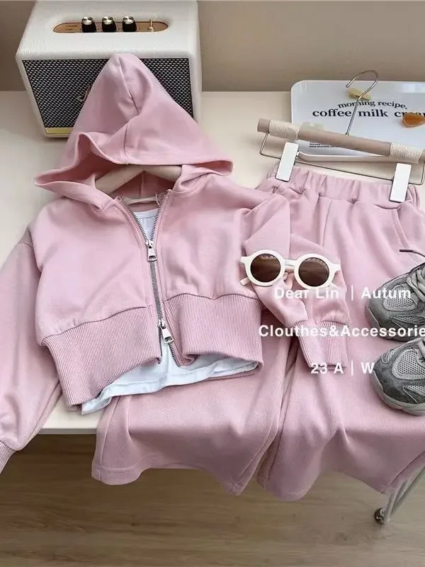 

Korean Suit for Girls Pink Hoodies for Kids Clothing for Girls Coat+Suspender+Straight Leg Pants Sets for Children 3 Piece Set