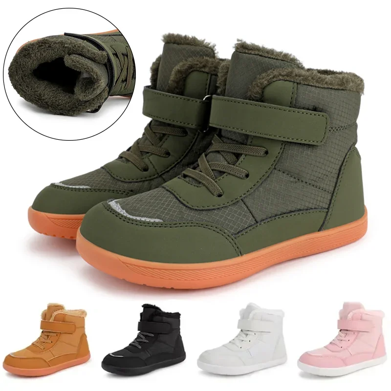 

2025 winter wide barefoot shoes for boys and girls, minimalist warm snow boots, lightweight, non-slip, flat walking boots