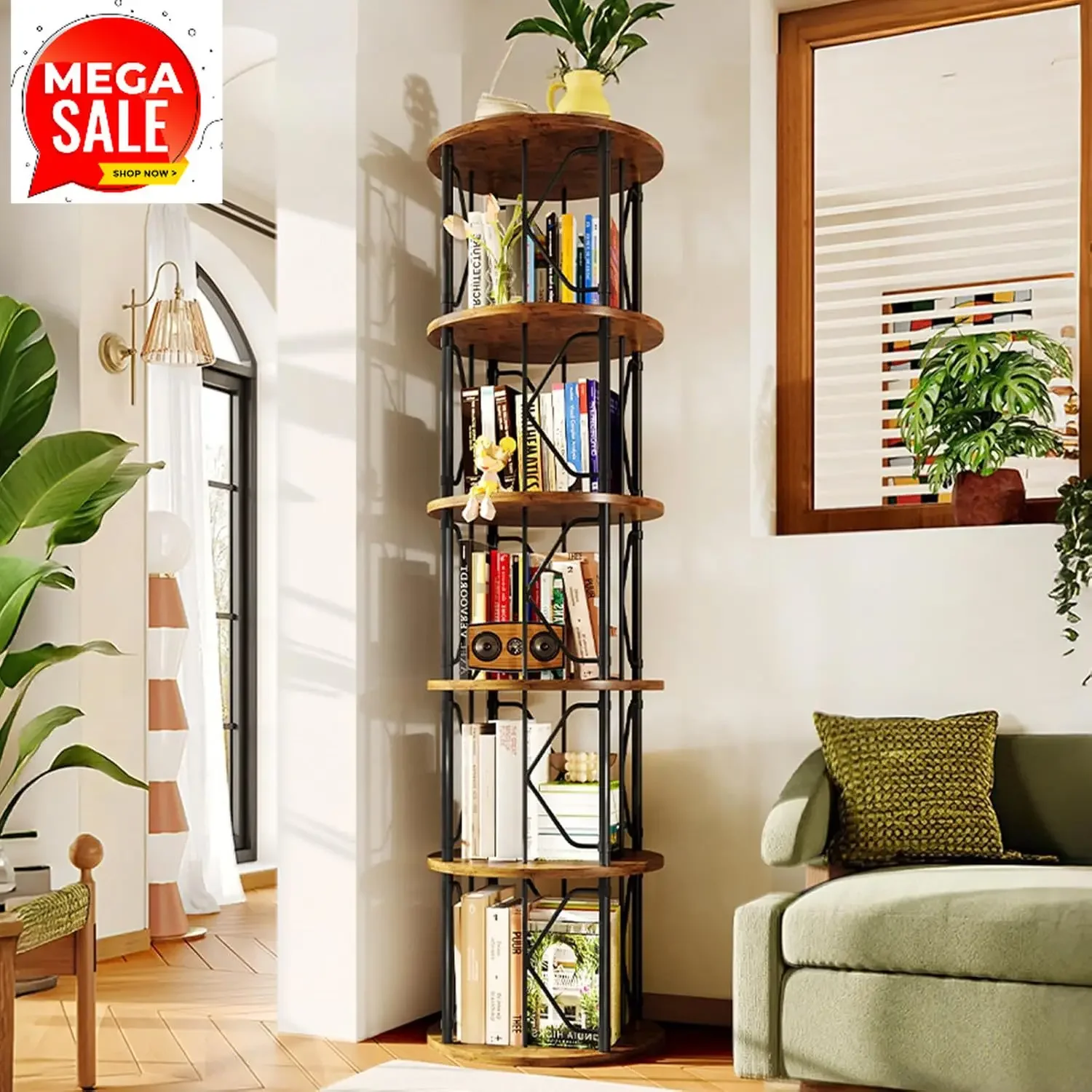 5 Tier Rotating Bookshelf Tower, Revolving Bookcase, 360° Round Spinning Book Shelf, Narrow Swivel Bookshelves Vertical Turning