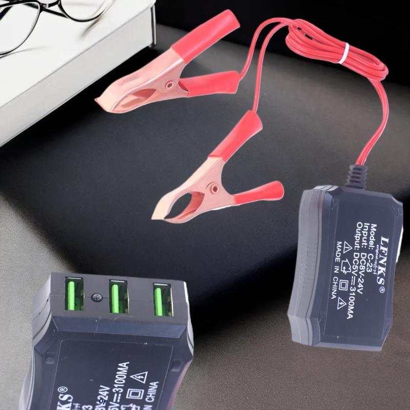  For Charging Cell Phone Emergency USB Power High Efficiency 12V 24V To 5V 3USB Port Power Adapter With Battery Clip 