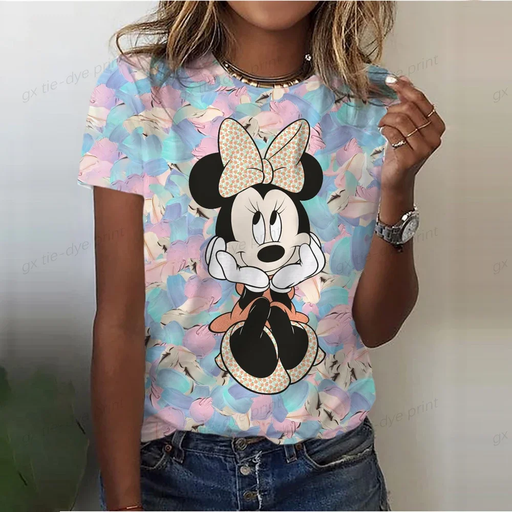 2024 Disney Mickey Minnie 3D Print Short Sleeve T-shirt Women's Summer New Fashion  Women's O-neck Casual Commuter Style