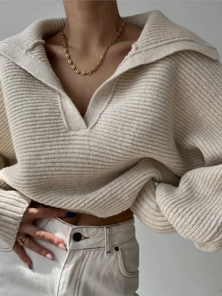 

Women New Knitting Loose Sweaters Autumn Winter Casual Solid Turn Down Collar Full Sleeve Splice Pullovers Sweater Streetwear