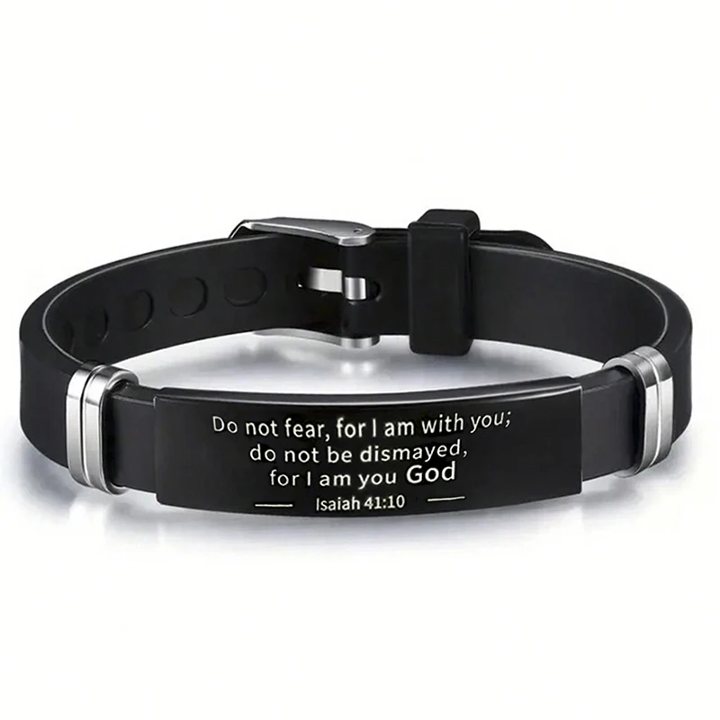 Religious Bible Verse Bracelet Black Stainless Steel Silicone Christian Bracelets For Men Women Jewelry