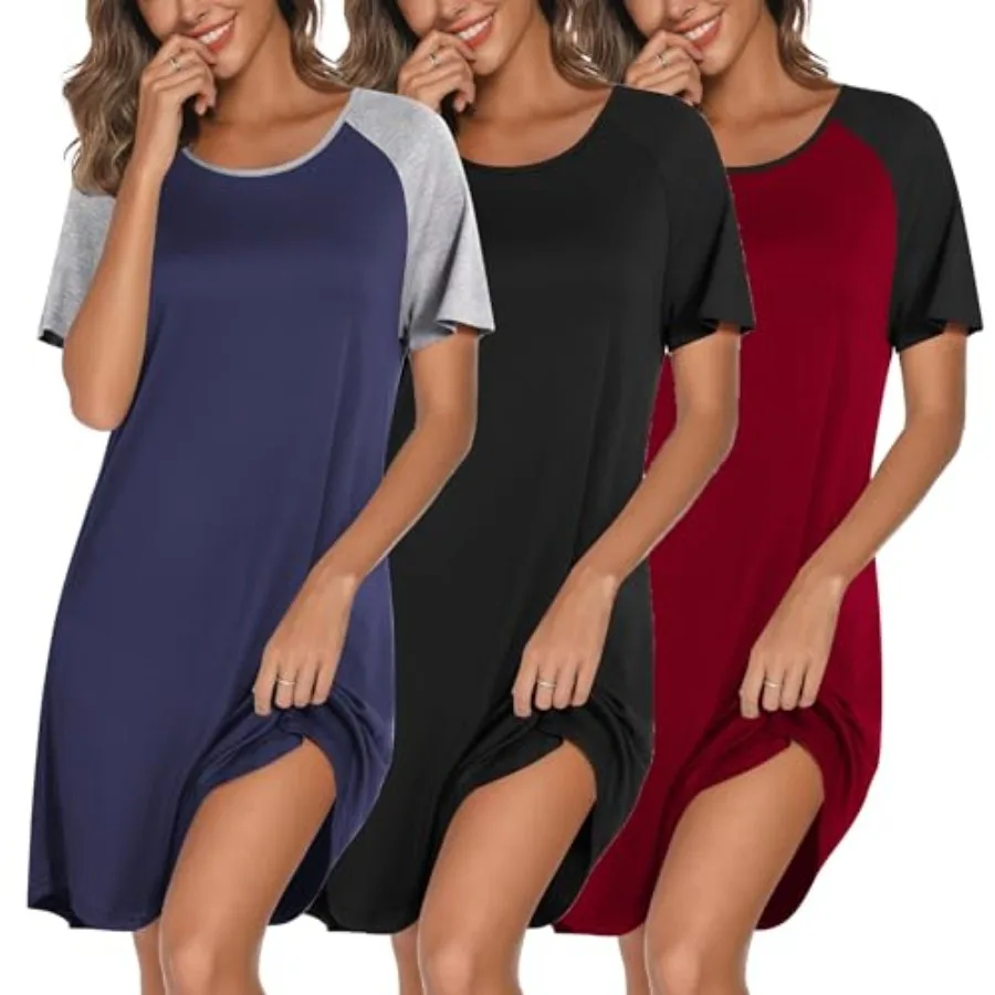 Ekouaer Nightgowns for Women Cotton Night Gown 3 Pack Sleep Shirts Short Sleeve Nightshirt Soft Sleepwear Nightdress