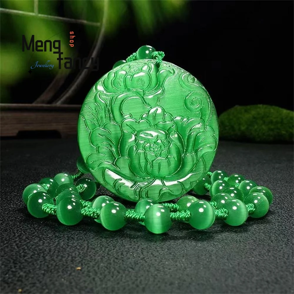 

Natural High-ice Cat's Eye Stone Colorful Landscape Peonies Smooth Sailing Pendant High-grade Fashion Fine Jewelry Holiday Gifts