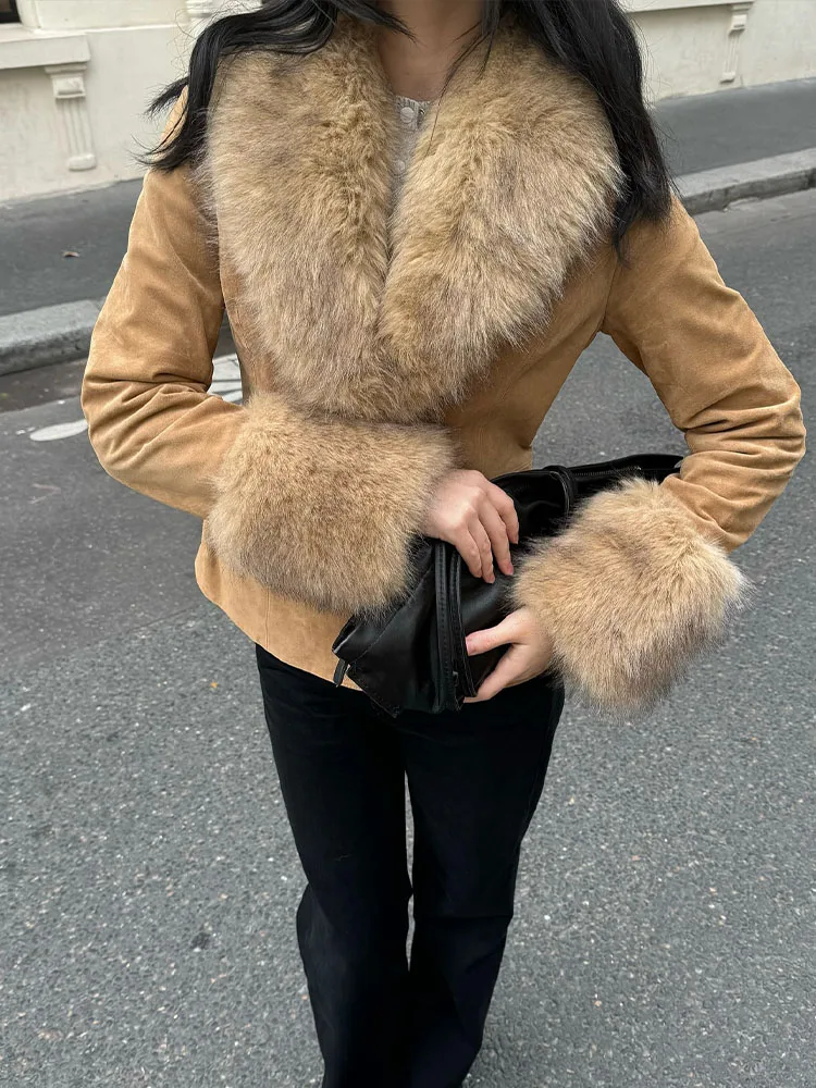 HH النساء انفصال الفراء طوق دعوى معاطف شيك سترة التلبيب طويلة الأكمام جيوب تزيين واحدة الصدر الإناث الموضة الحلل