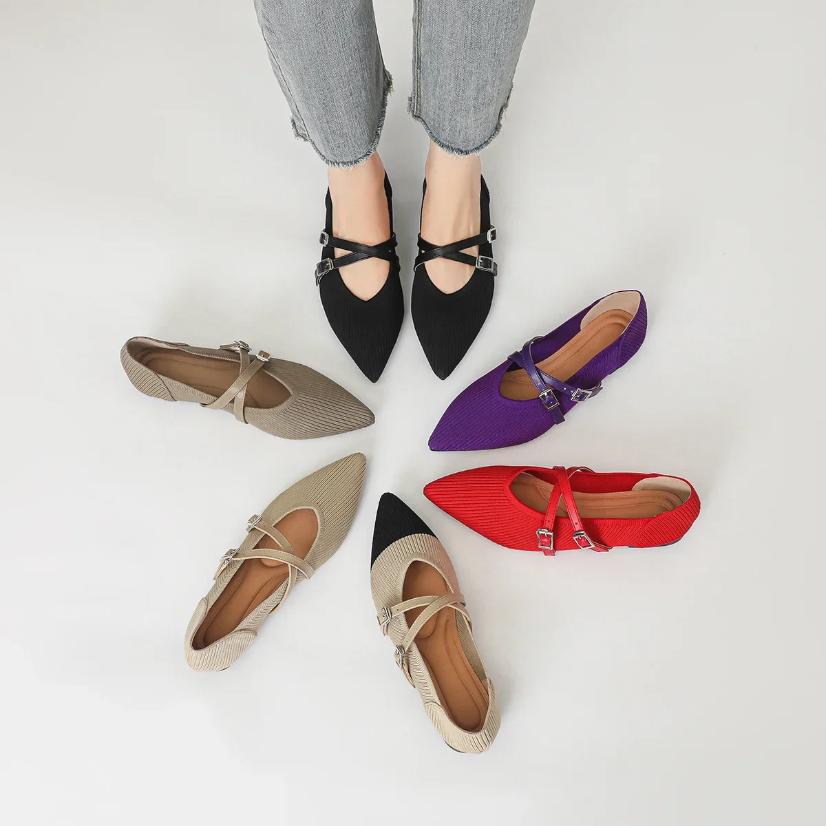 أحذية ماري جين النسائية بمقدمة مدببة 2025 ربيعية ضحلة بحزام متقاطع أحذية نسائية محبوكة قابلة للتنفس أحذية متوسطة الكعب للسيدات