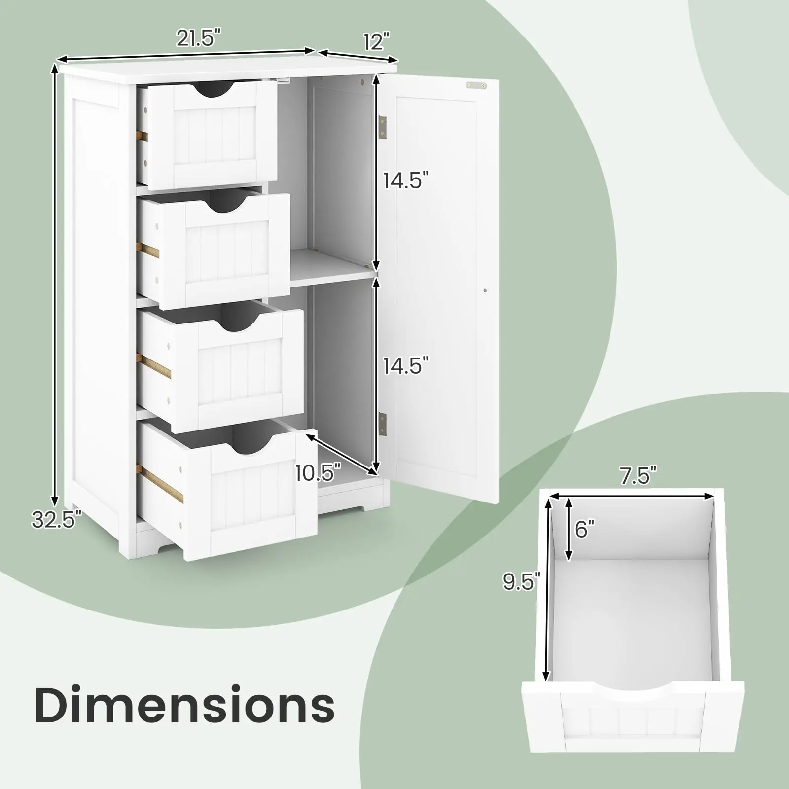 Bathroom Floor Cabinet, Freestanding Storage Unit with 4 Drawers and Single Door, Adjustable Shelf, Multipurpose Organizer for Home Office, Entryway, Laundry, 21.5 x 12 x 32.5 Inches, White