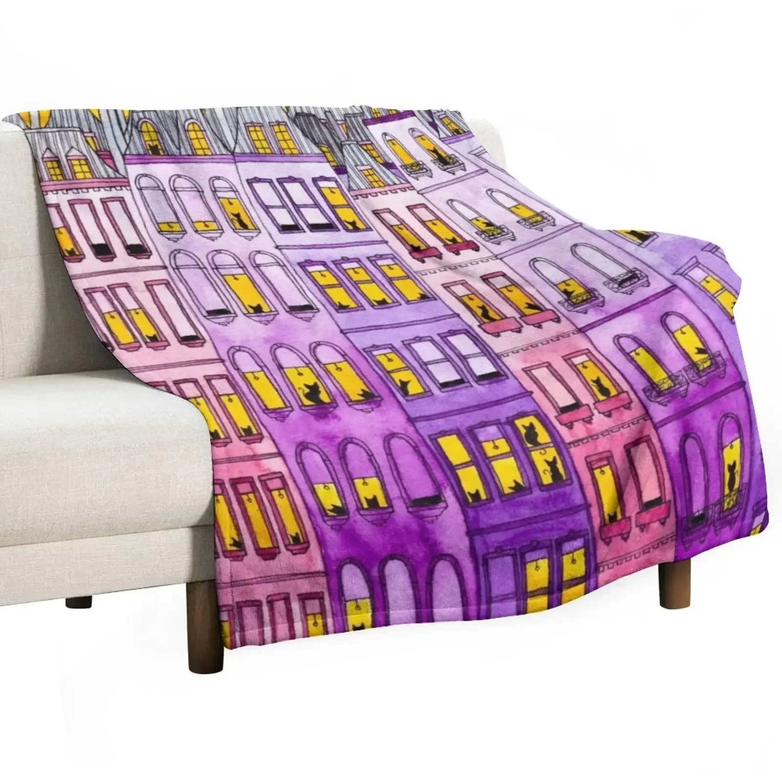 Pink & Purple Townhouse Cats Throw Blanket Soft Beds Winter beds Thermal Warm Blankets