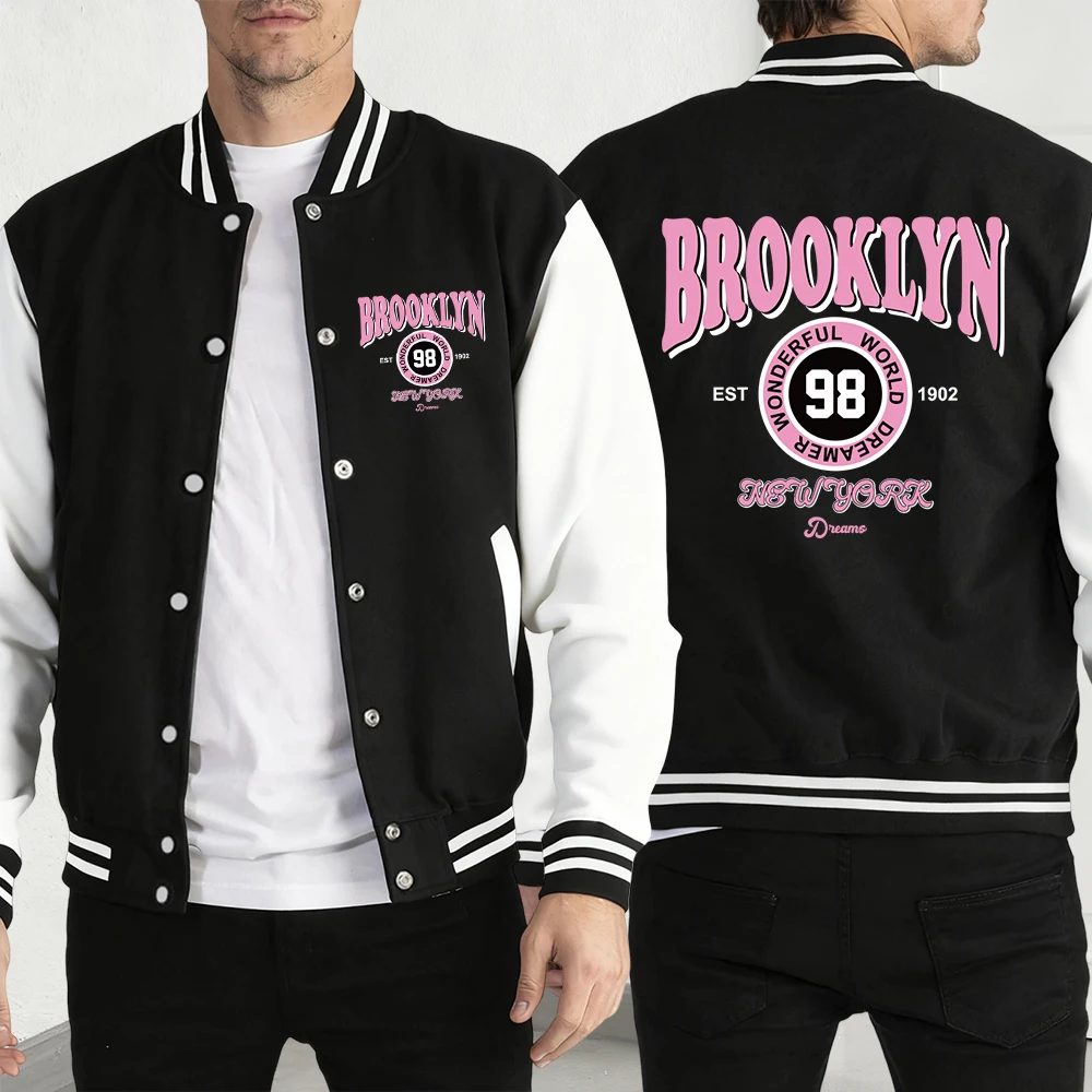 

Brooklyn Wonderful World Dreamer Print Men Jackets Fashion Baseball Jersey Fleece Loose Clothing Unisex Autumn Warm Vintage Coat