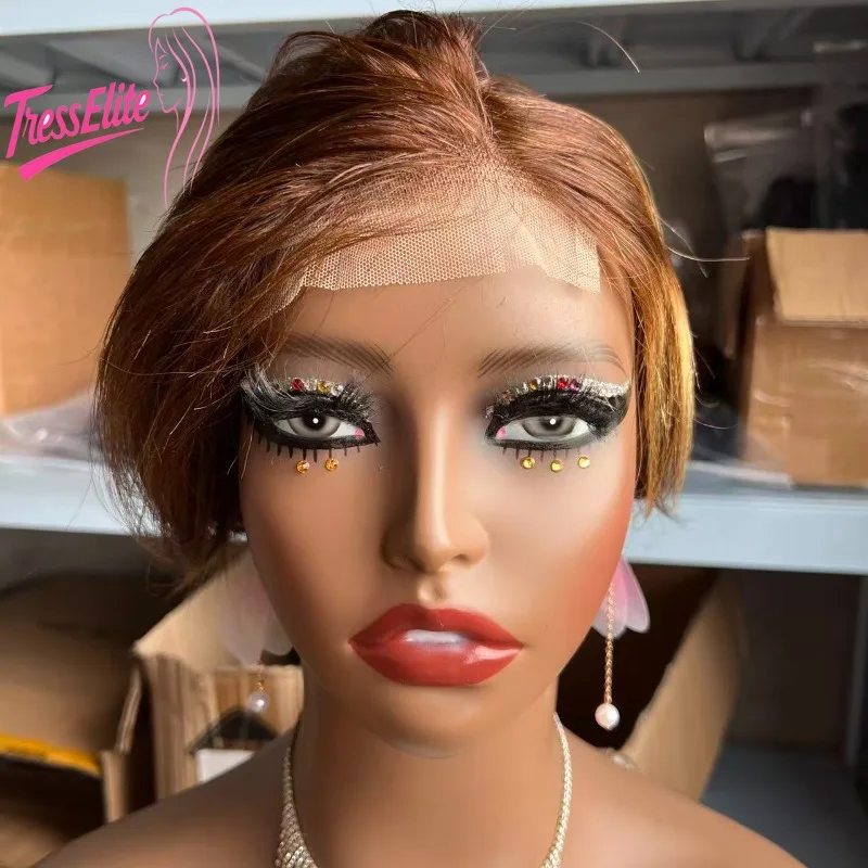 Cabelo humano 100% de alta qualidade, pixie cacheado com frente de renda 4x4, cor P4/27 #   Peruca de cabelo humano de 6 polegadas, cabelo virgem brasileiro Remy, macio e com aparência natural.