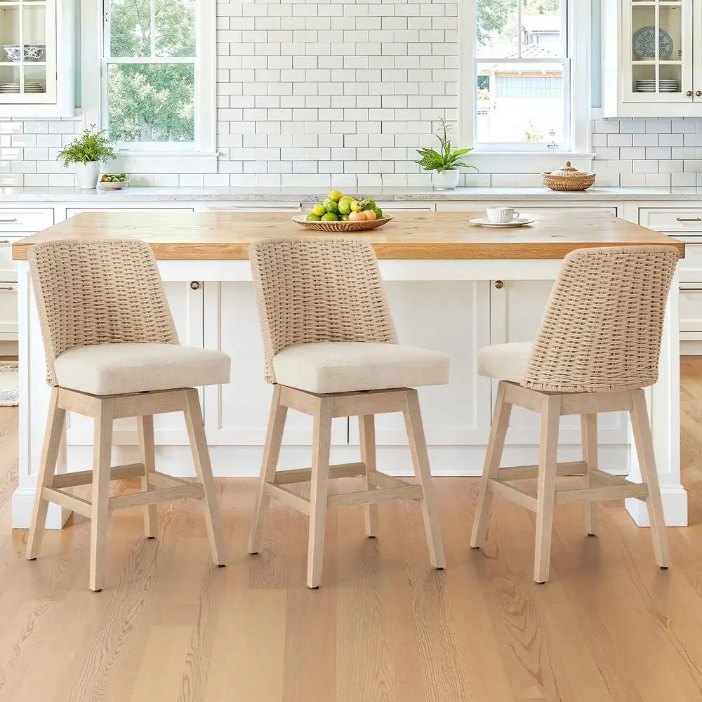 

Rattan Bar Stools Set of 3, 27 Swivel Wooden Bars Stools with Thick Linen Seat, Handwoven Back amp Wooden Leg, Counter Height f