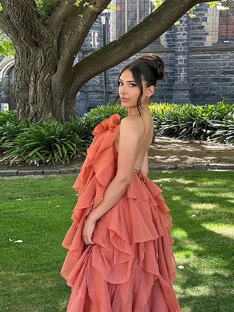 Elegante 3d flor camada babados maxi vestido feminino sexy sem costas sem mangas estilingue vestidos de festa nova senhora férias praia robes